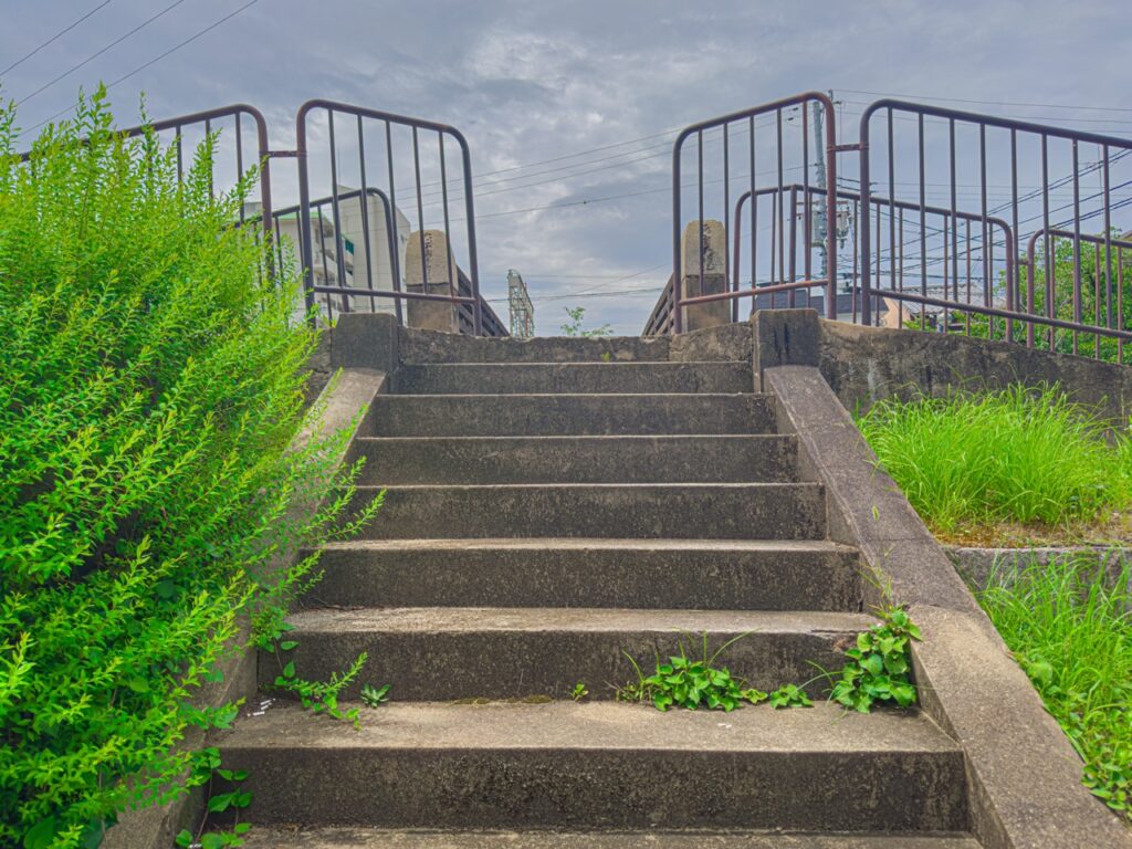 川に架かる歩行者橋へ続く階段（たまこまーけっと）
